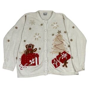Vintage Womens Cream Gingerbread Ugly Christmas Holiday Cardigan Sweater L